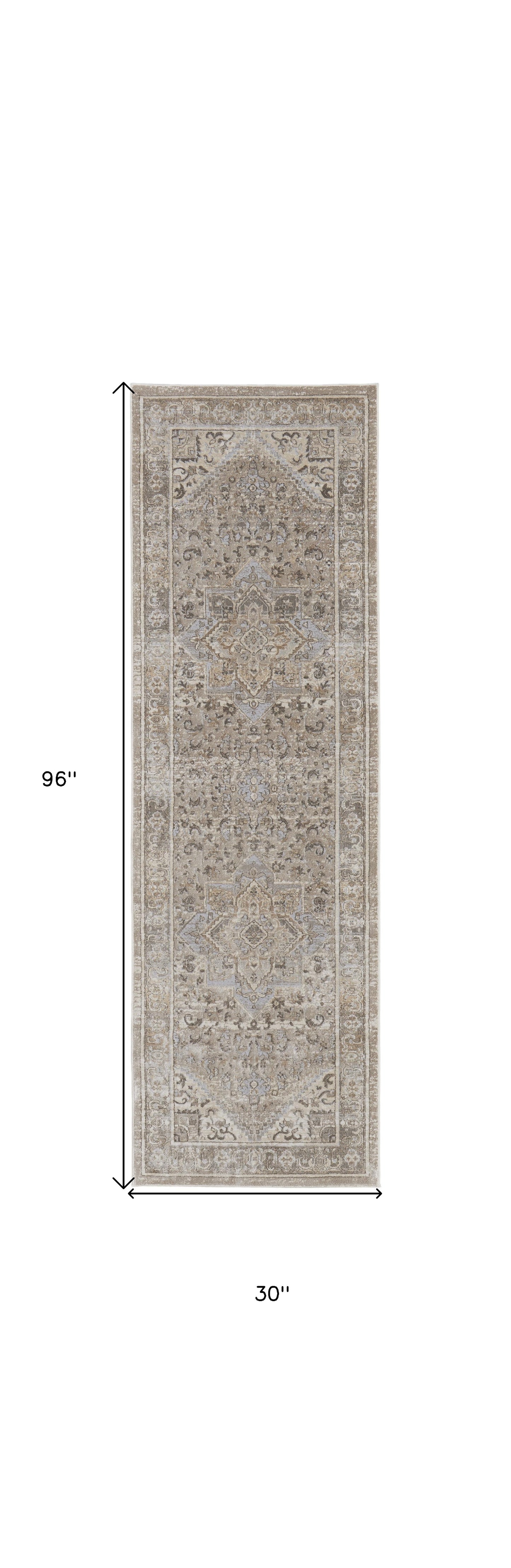 8' Brown and Ivory Medallion Power Loom Distressed Runner Rug