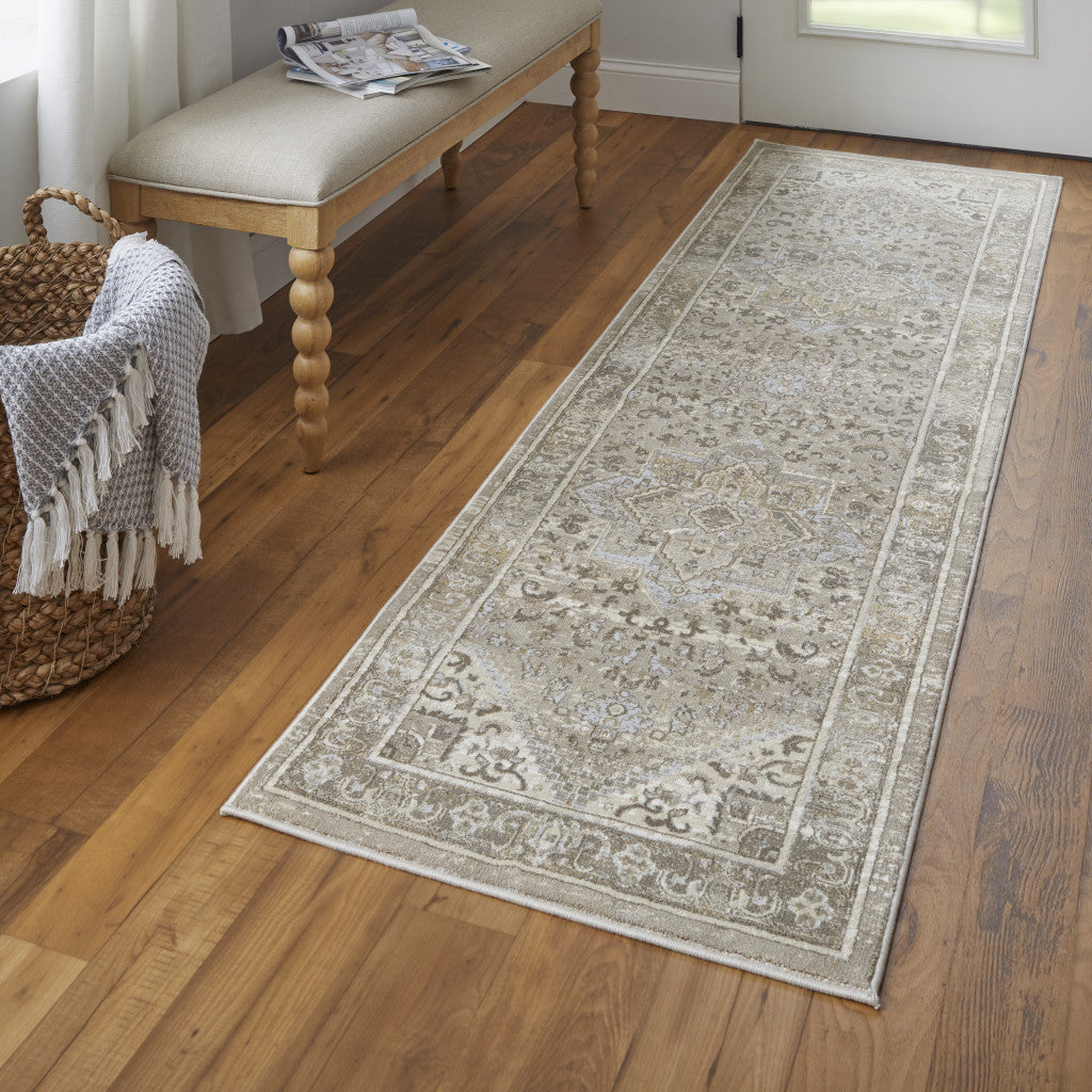 8' Brown and Ivory Medallion Power Loom Distressed Runner Rug