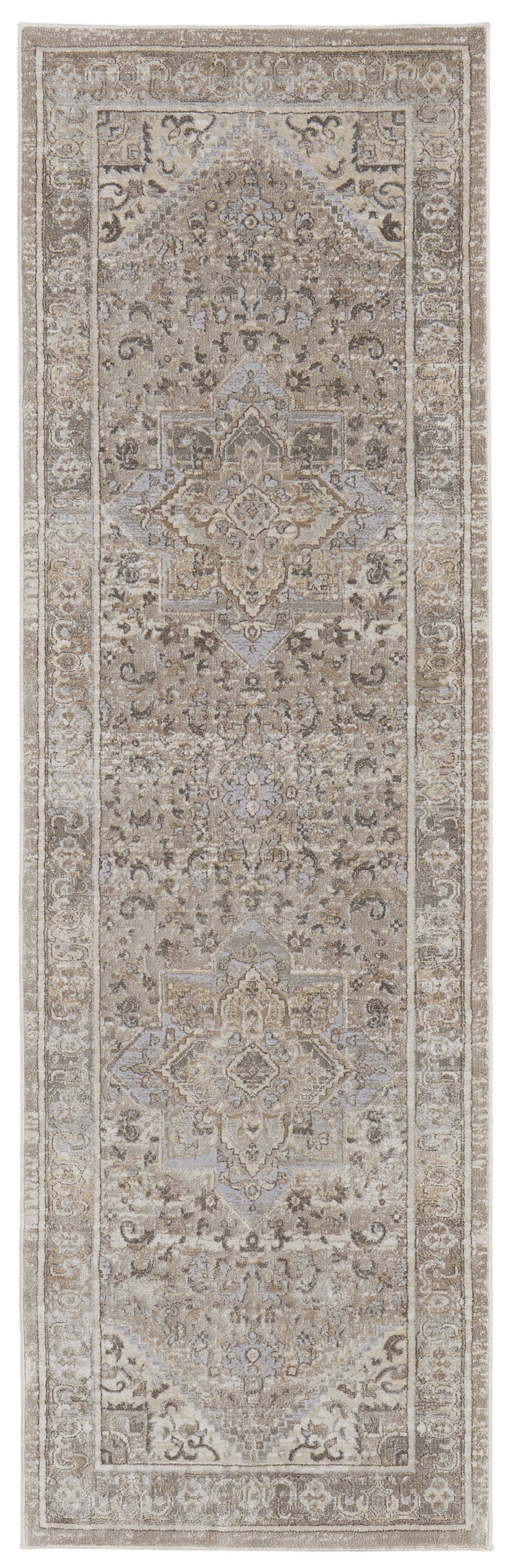 8' Brown and Ivory Medallion Power Loom Distressed Runner Rug