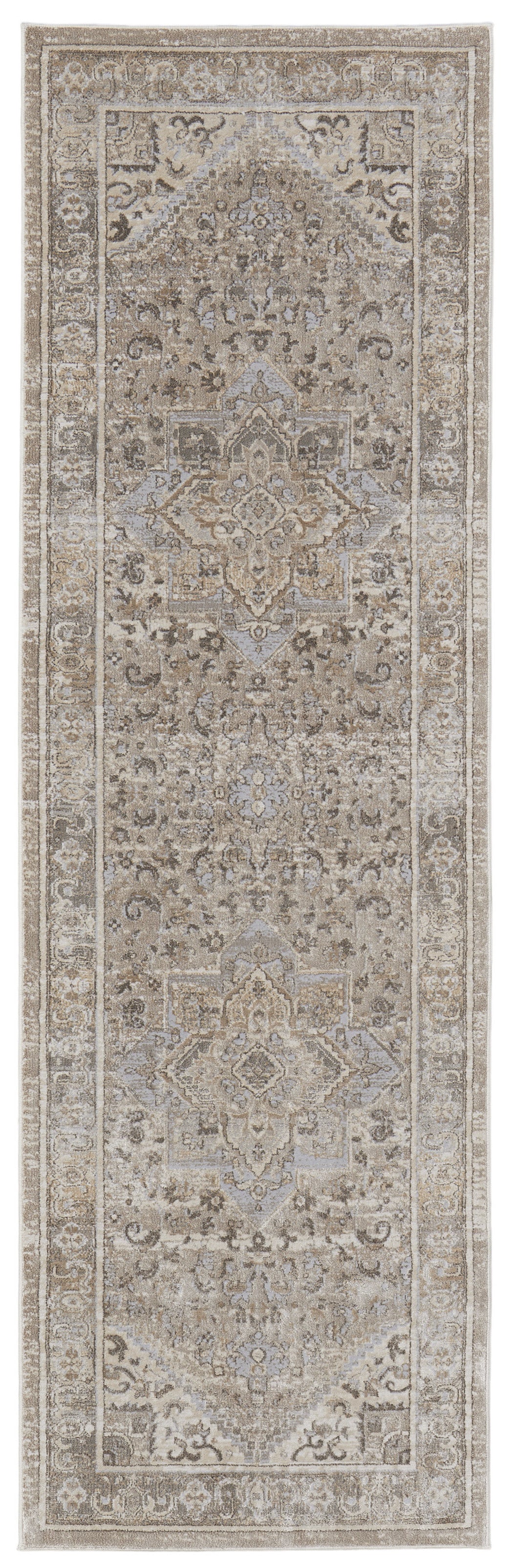 8' Brown and Ivory Medallion Power Loom Distressed Runner Rug