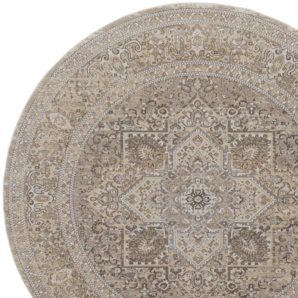 8' Brown and Ivory Round Medallion Power Loom Distressed Area Rug