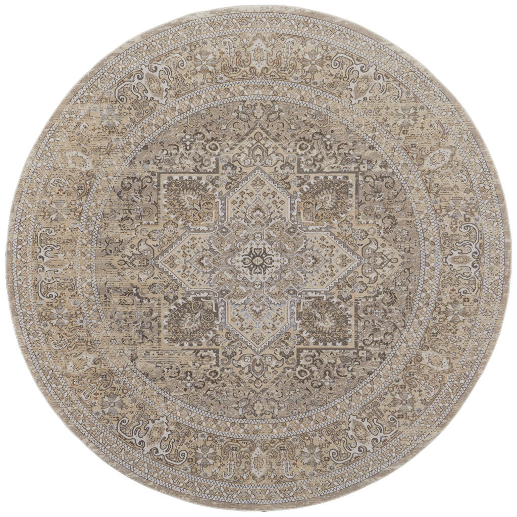 8' Brown and Ivory Round Medallion Power Loom Distressed Area Rug