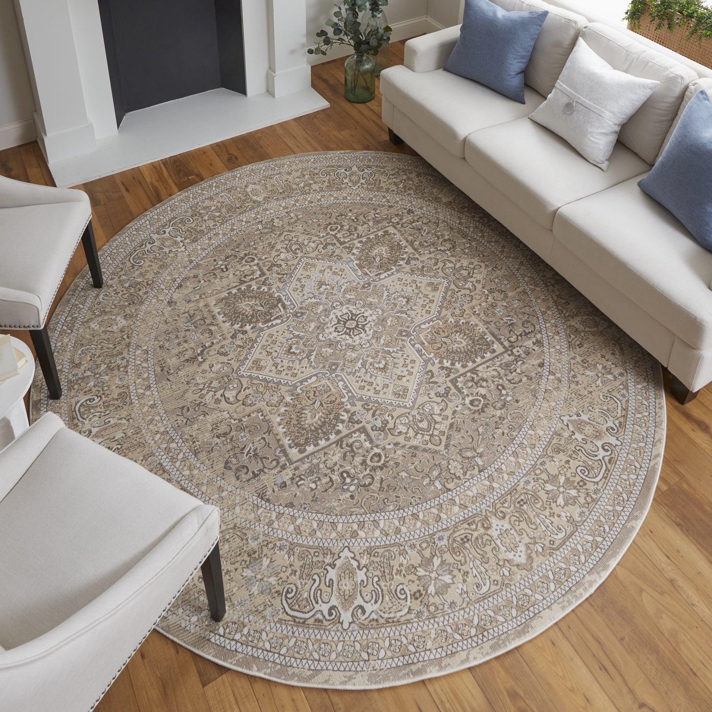 8' Brown and Ivory Round Medallion Power Loom Distressed Area Rug