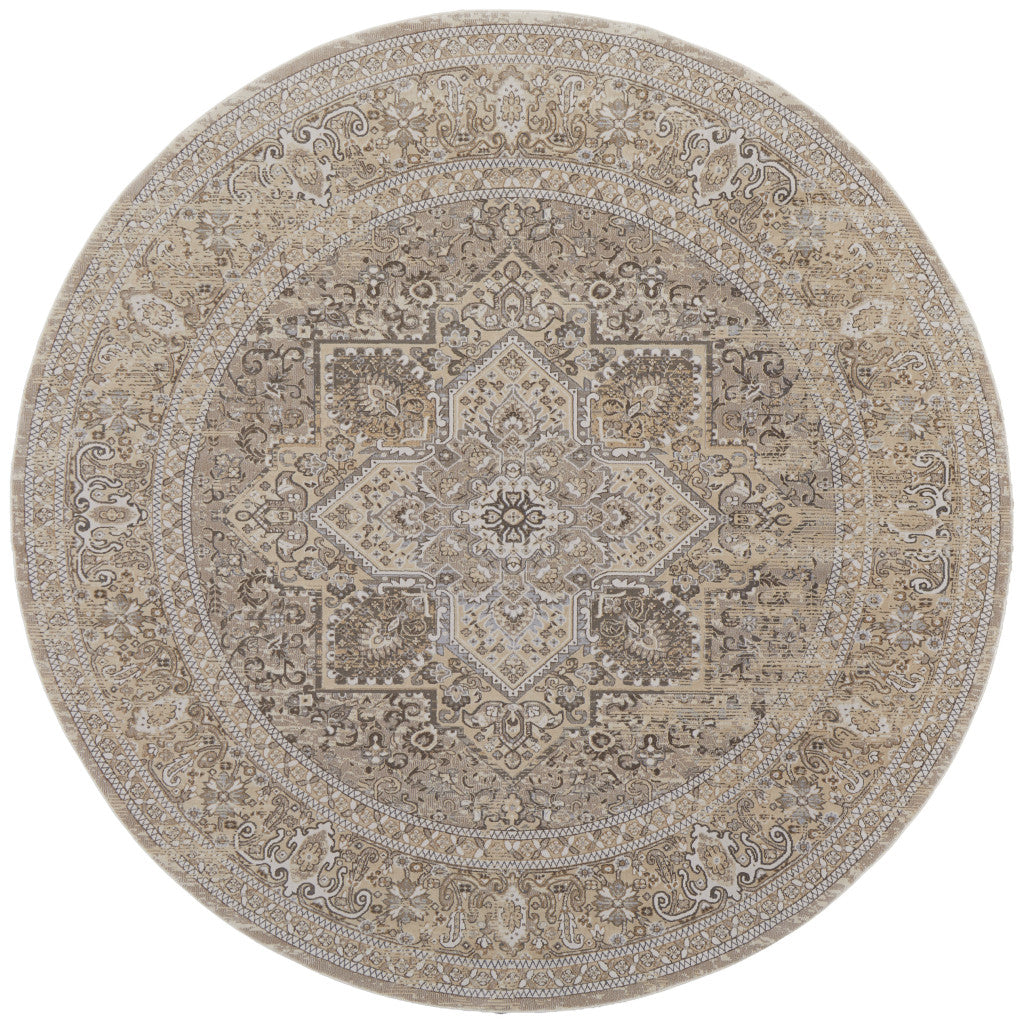 8' Brown and Ivory Round Medallion Power Loom Distressed Area Rug