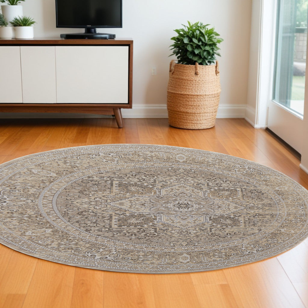 8' Brown and Ivory Round Medallion Power Loom Distressed Area Rug