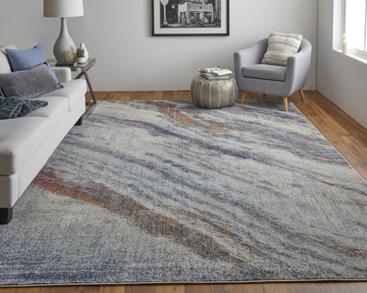 7' x 10' Ivory Blue and Orange Abstract Power Loom Area Rug