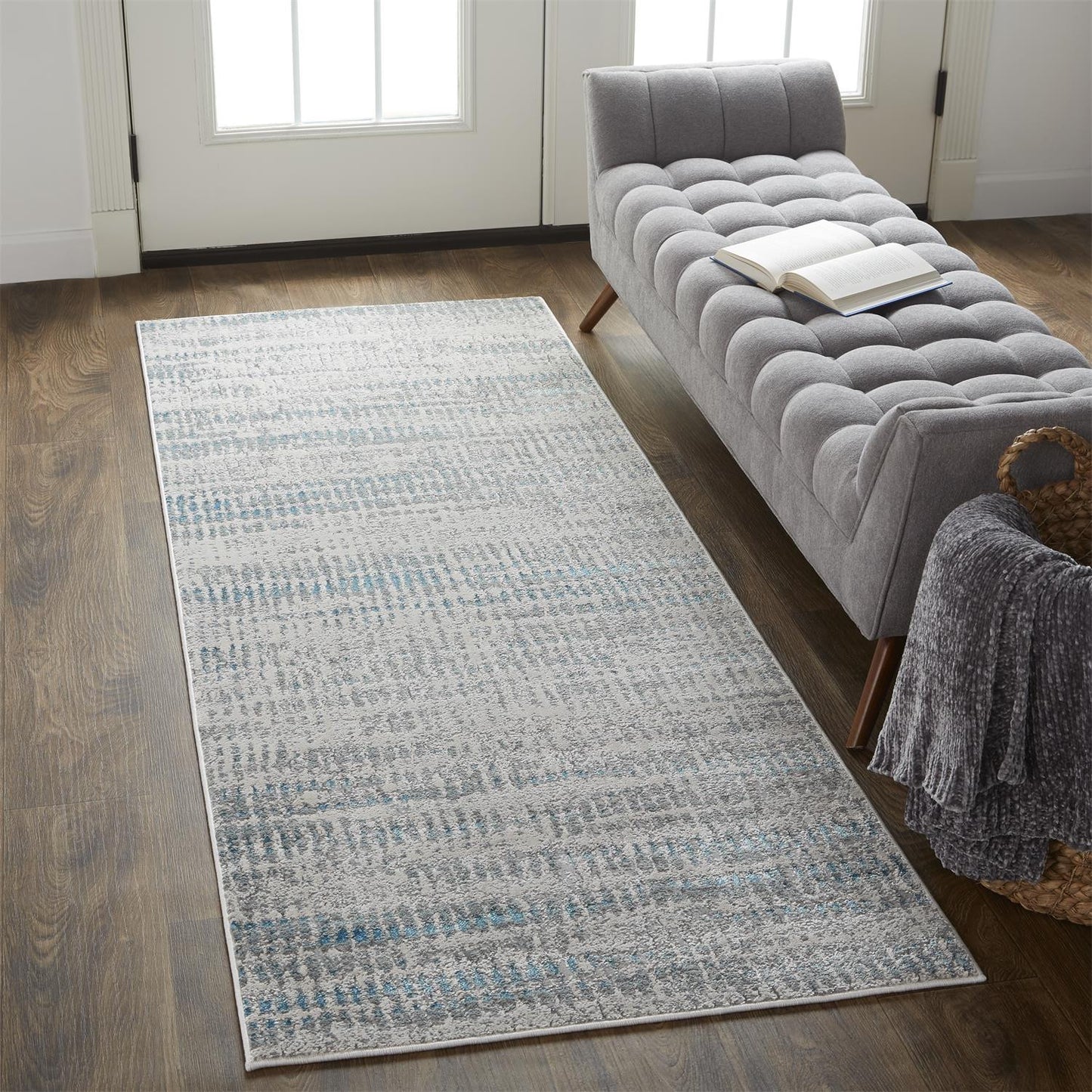 8' Gray and Ivory Abstract Power Loom Runner Rug