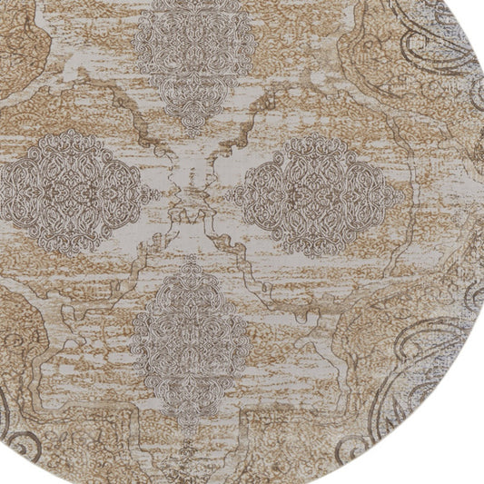 8' Gray and Brown Round Medallion Power Loom Distressed Area Rug