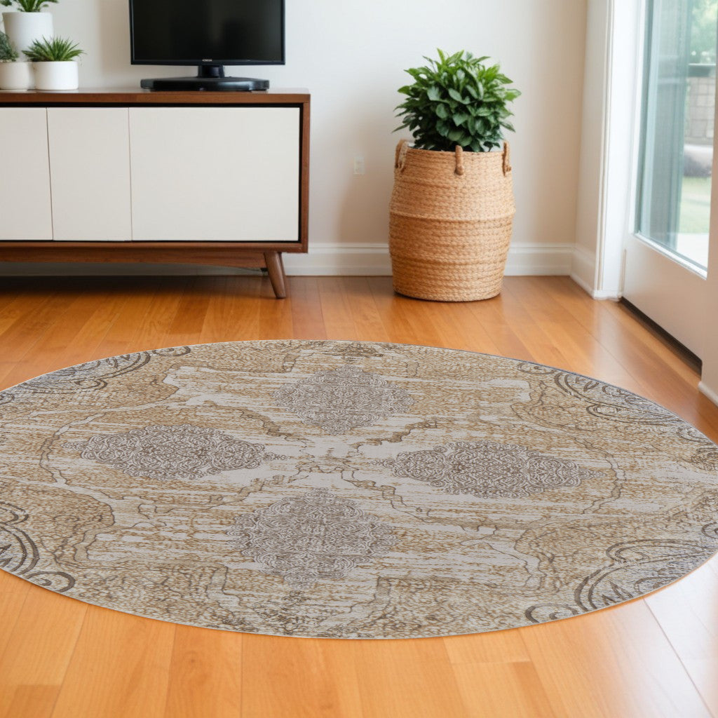 8' Gray and Brown Round Medallion Power Loom Distressed Area Rug