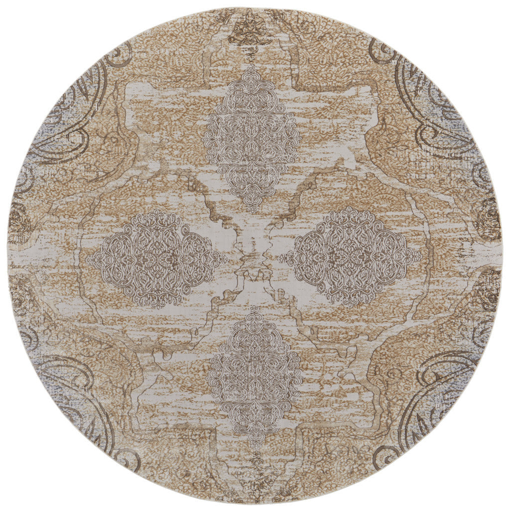 8' Gray and Brown Round Medallion Power Loom Distressed Area Rug