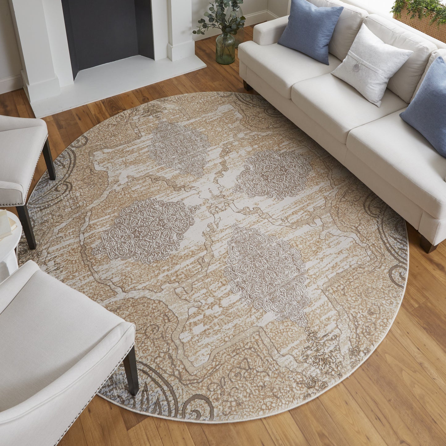 8' Gray and Brown Round Medallion Power Loom Distressed Area Rug