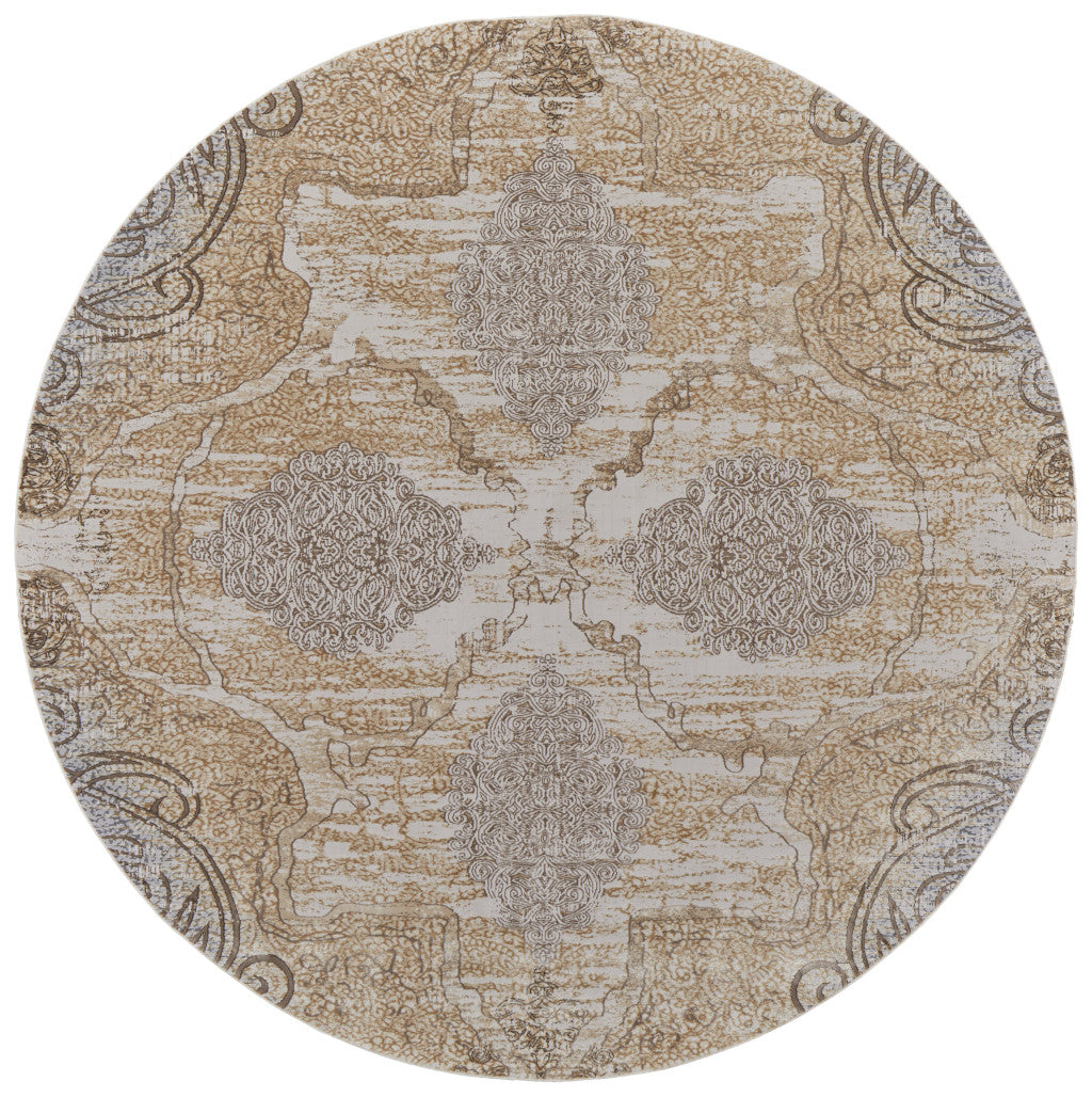 8' Gray and Brown Round Medallion Power Loom Distressed Area Rug