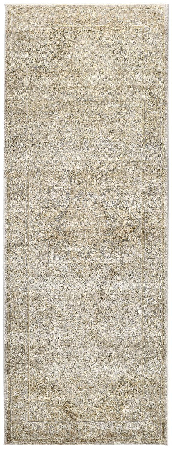 8' Gold and Ivory Medallion Power Loom Runner Rug