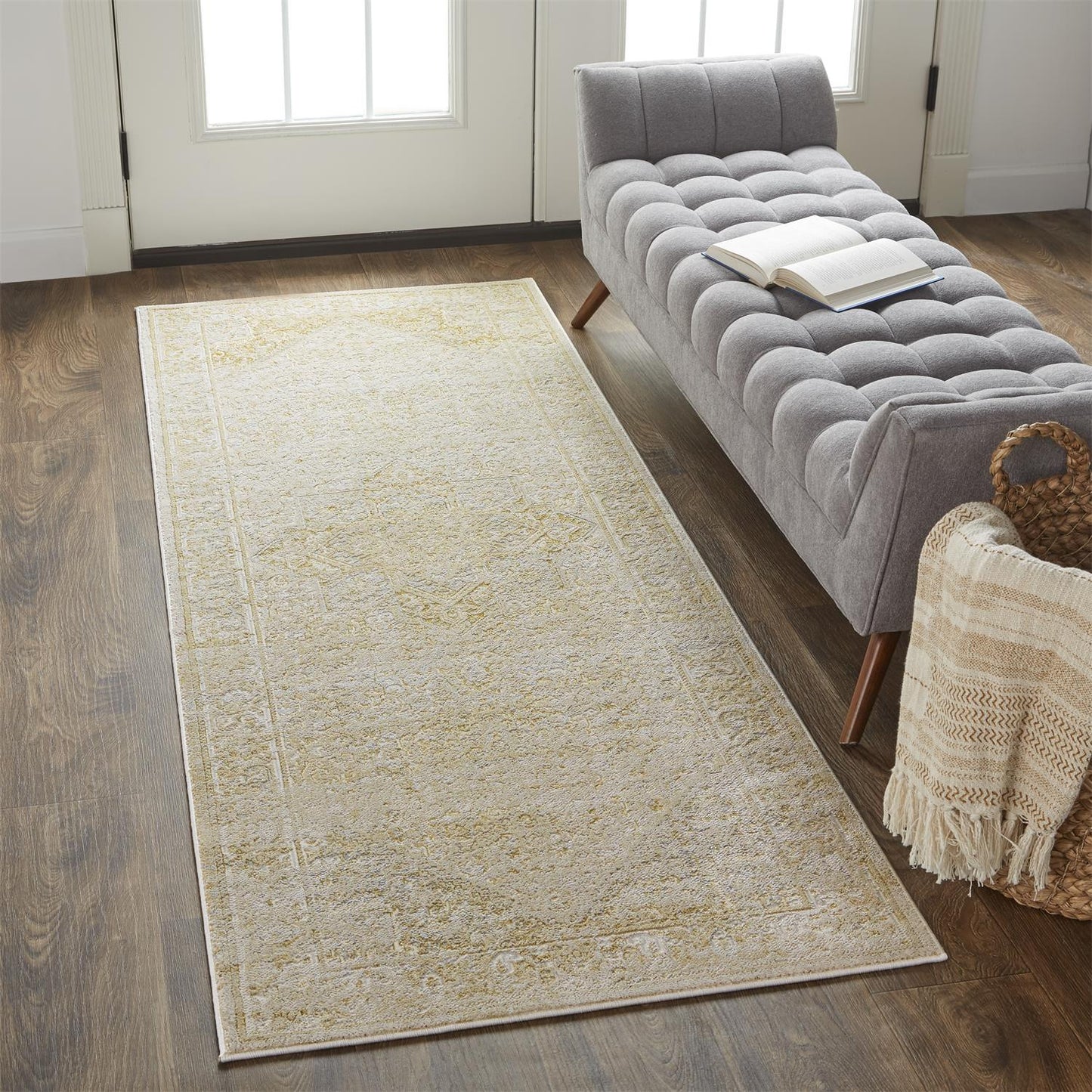 8' Gold and Ivory Medallion Power Loom Runner Rug