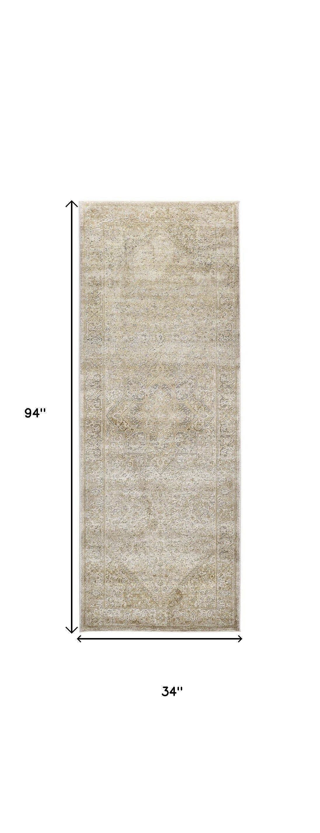 8' Gold and Ivory Medallion Power Loom Runner Rug