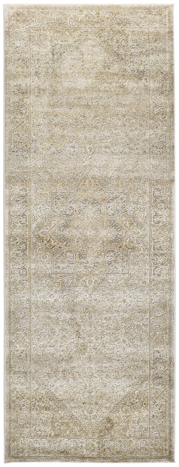 8' Gold and Ivory Medallion Power Loom Runner Rug