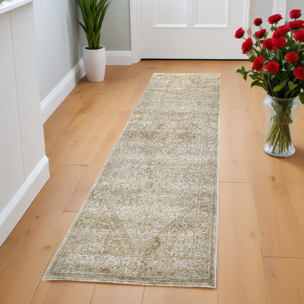 8' Gold and Ivory Medallion Power Loom Runner Rug