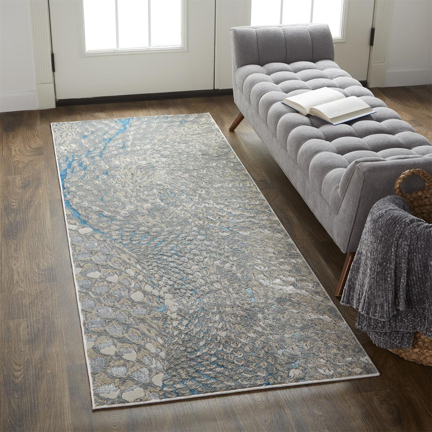 8' Blue and Gray Abstract Power Loom Runner Rug