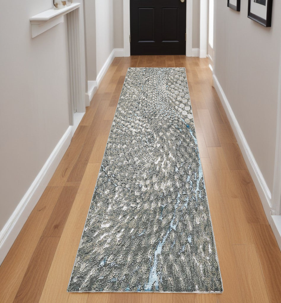 8' Blue and Gray Abstract Power Loom Runner Rug