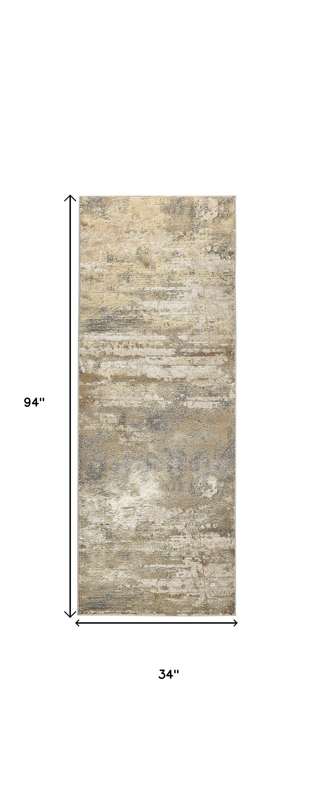 8' Gold and Ivory Abstract Power Loom Runner Rug