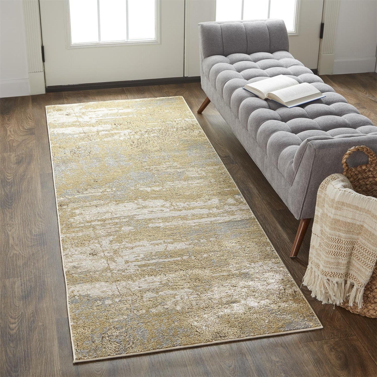 8' Gold and Ivory Abstract Power Loom Runner Rug