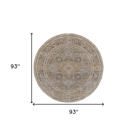 8' Brown and Ivory Round Medallion Power Loom Distressed Area Rug