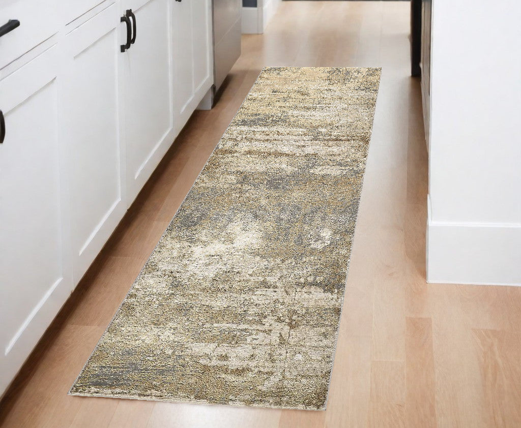 8' Gold and Ivory Abstract Power Loom Runner Rug