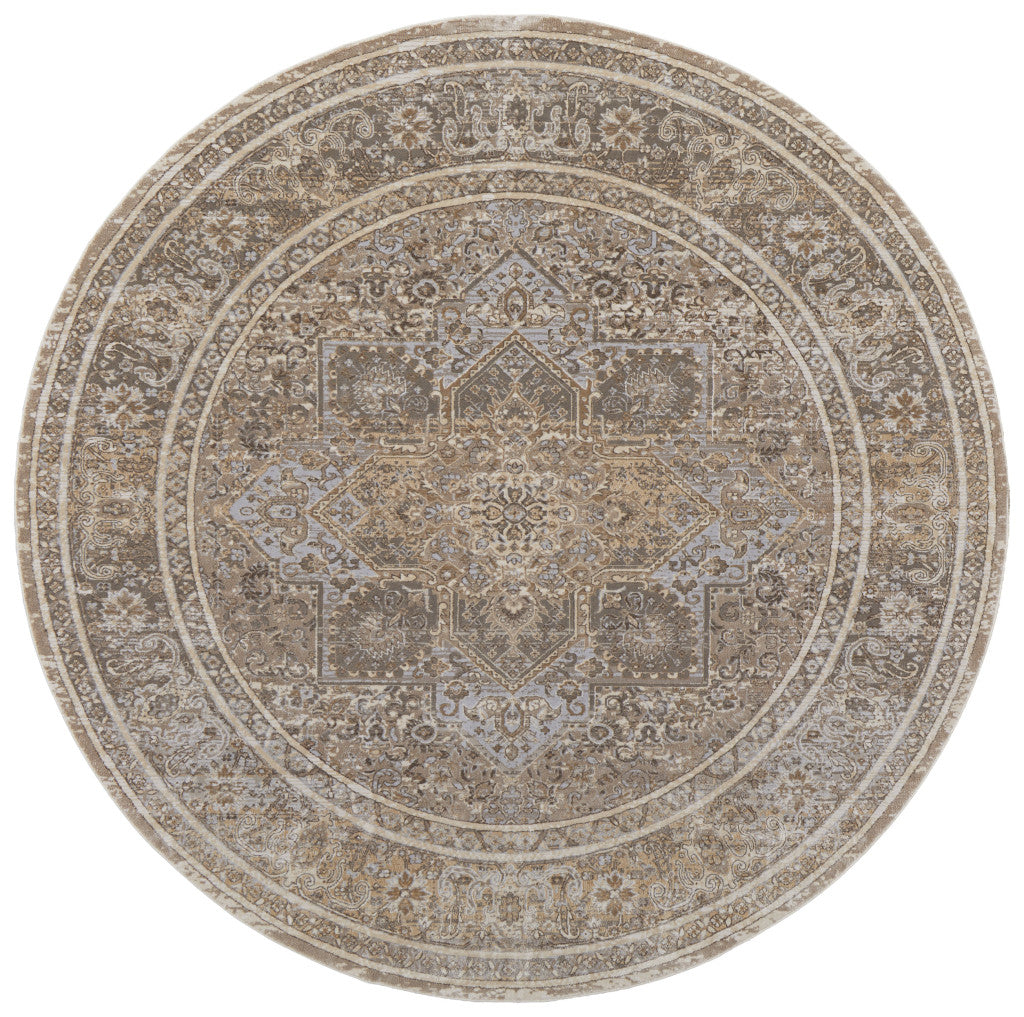 8' Brown and Ivory Round Medallion Power Loom Distressed Area Rug