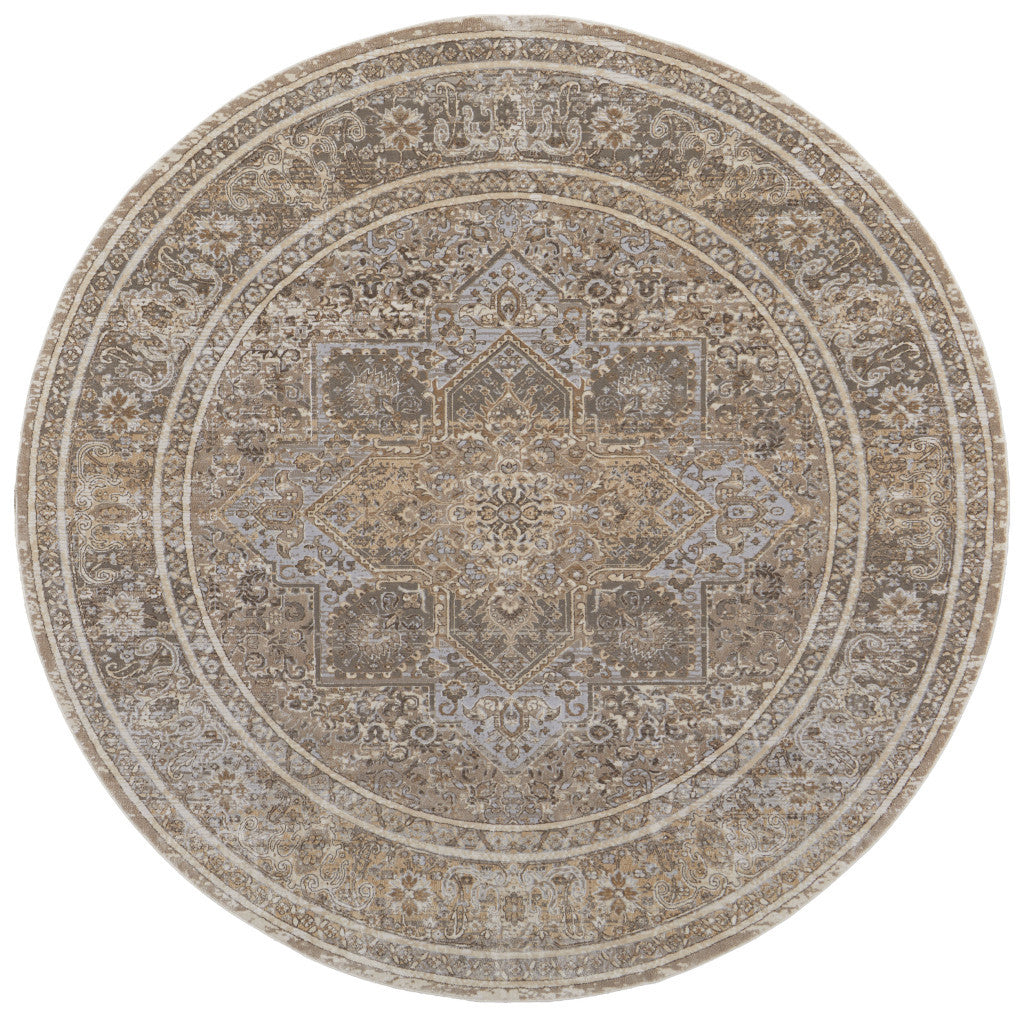 8' Brown and Ivory Round Medallion Power Loom Distressed Area Rug