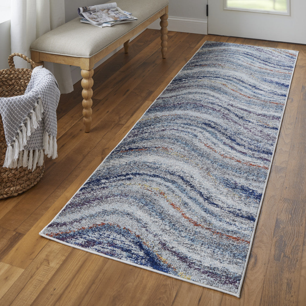 10' Blue and Gray Abstract Power Loom Runner Rug