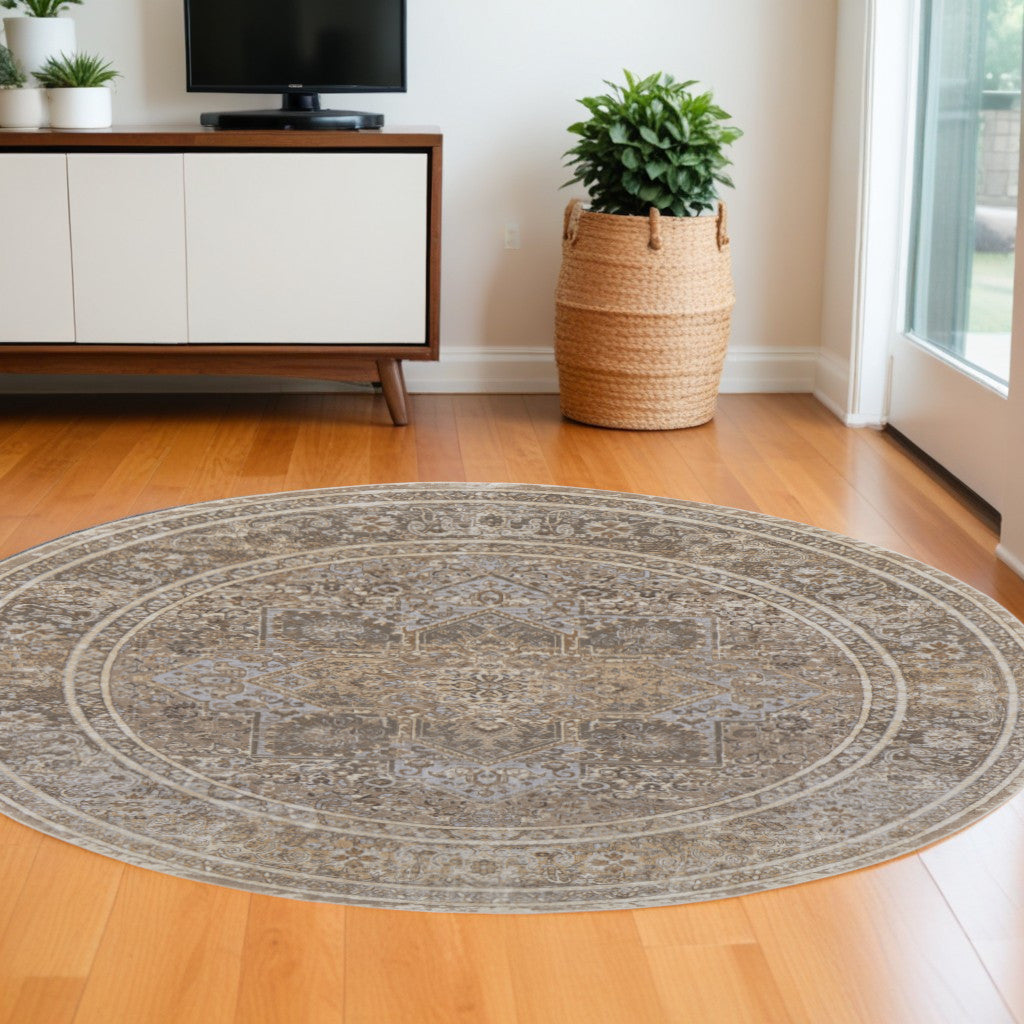 8' Brown and Ivory Round Medallion Power Loom Distressed Area Rug