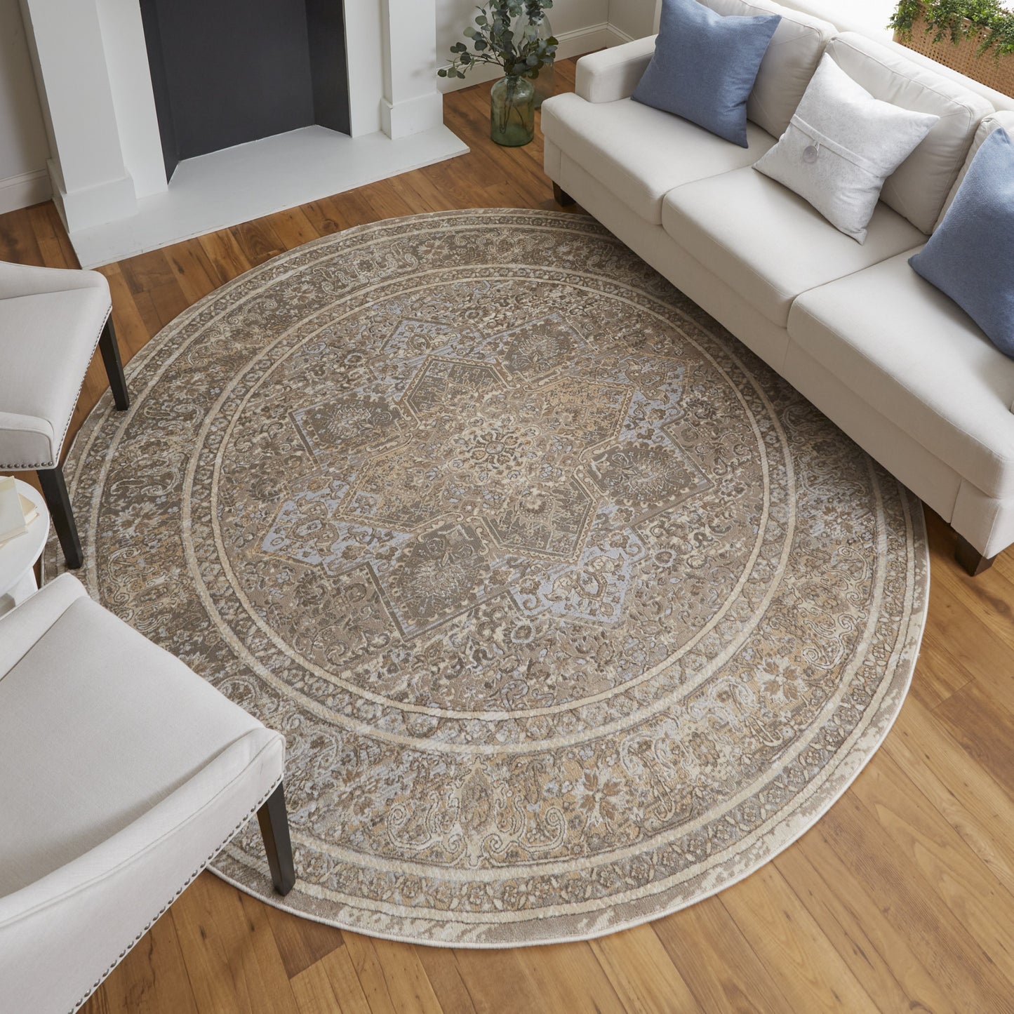 8' Brown and Ivory Round Medallion Power Loom Distressed Area Rug