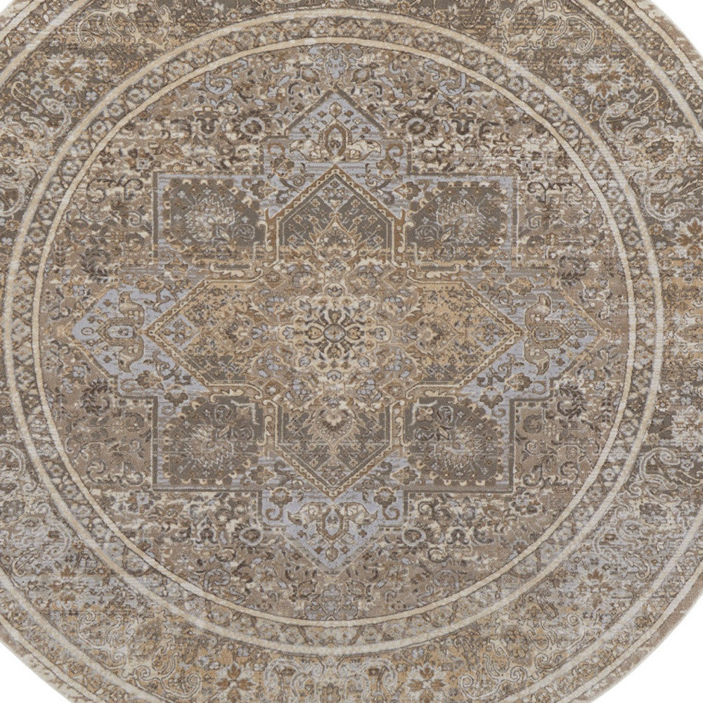 8' Brown and Ivory Round Medallion Power Loom Distressed Area Rug