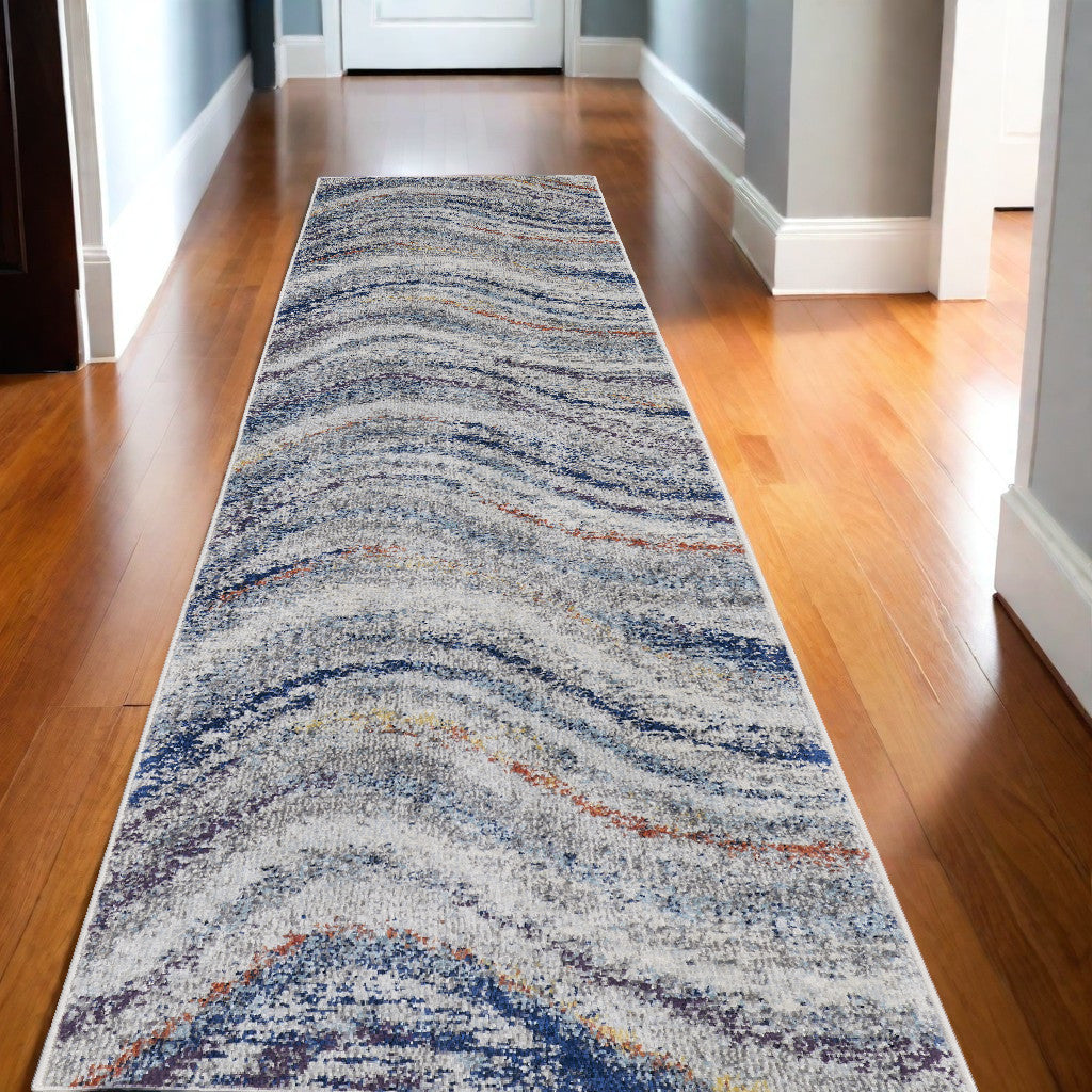 10' Blue and Gray Abstract Power Loom Runner Rug