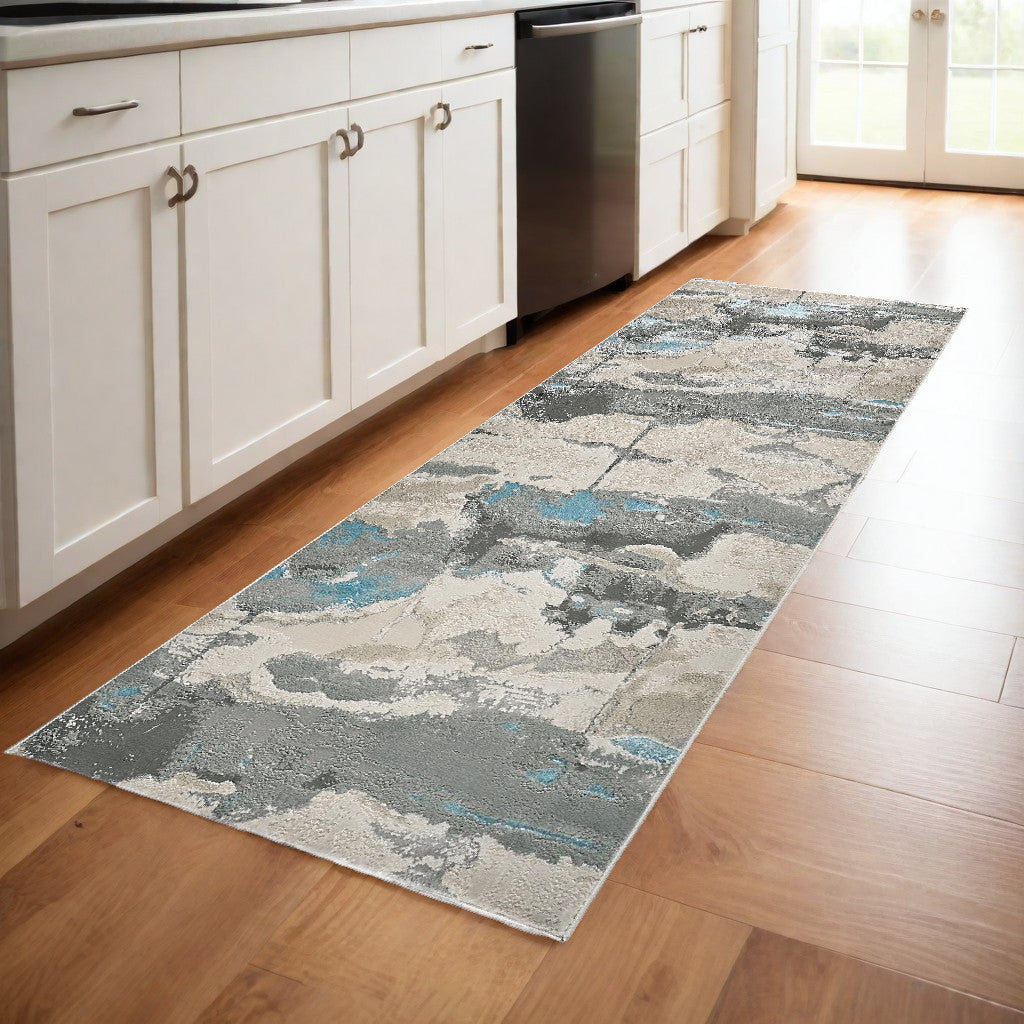 8' Blue and Gray Abstract Power Loom Runner Rug