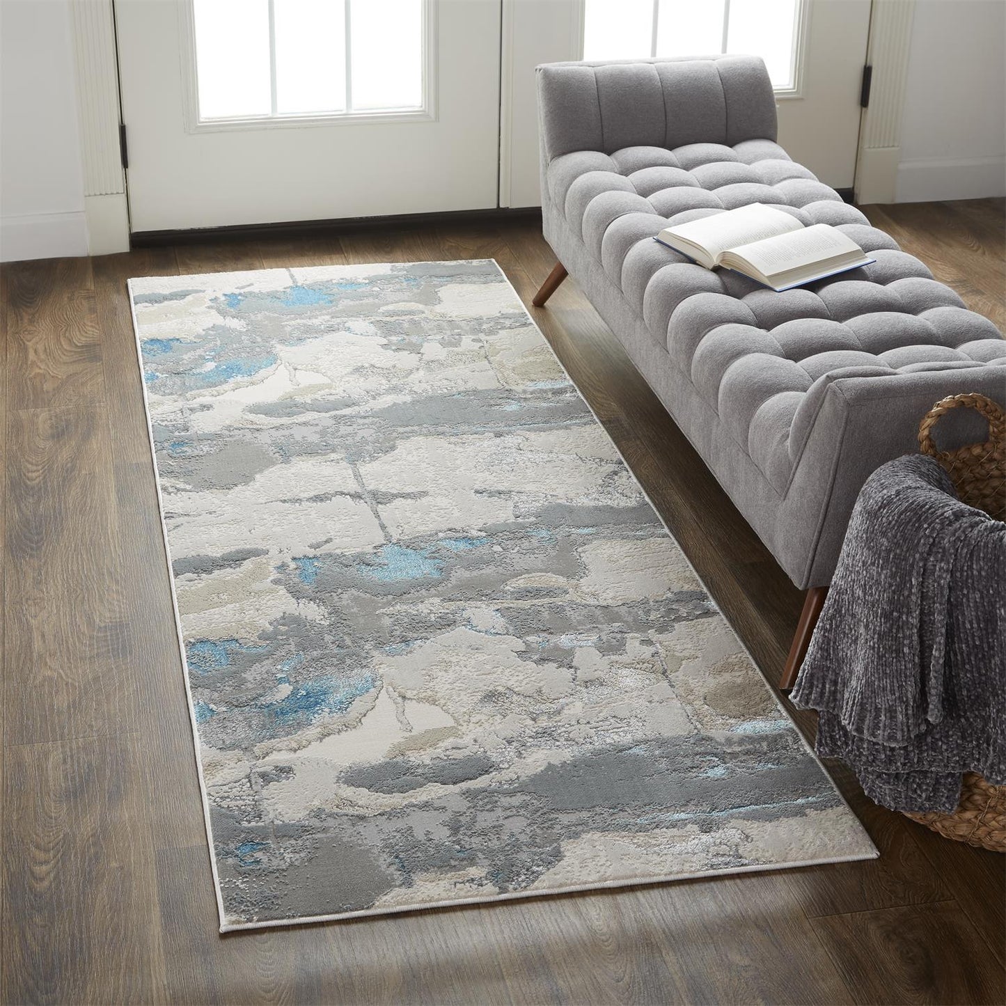 8' Blue and Gray Abstract Power Loom Runner Rug