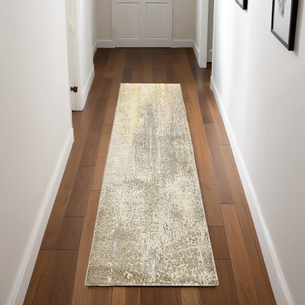 8' Gold and Ivory Abstract Power Loom Runner Rug