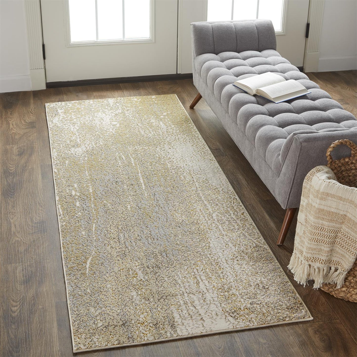 8' Gold and Ivory Abstract Power Loom Runner Rug