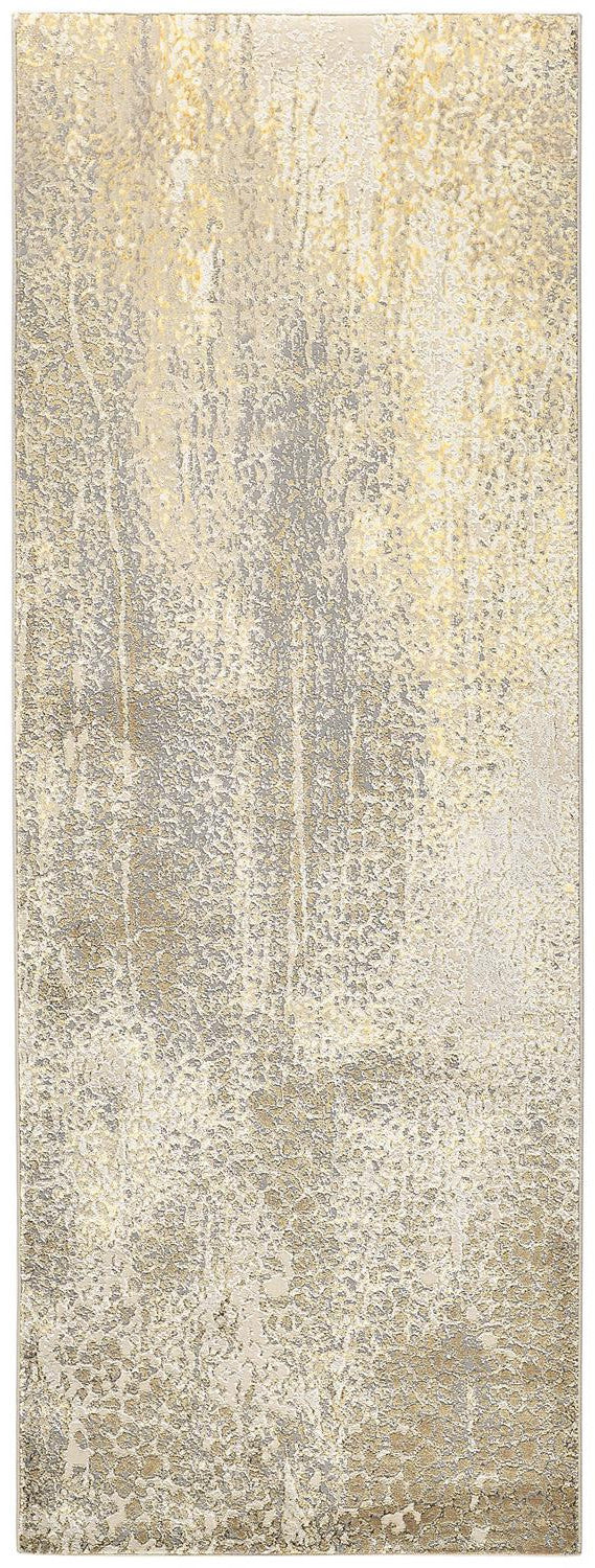 8' Gold and Ivory Abstract Power Loom Runner Rug