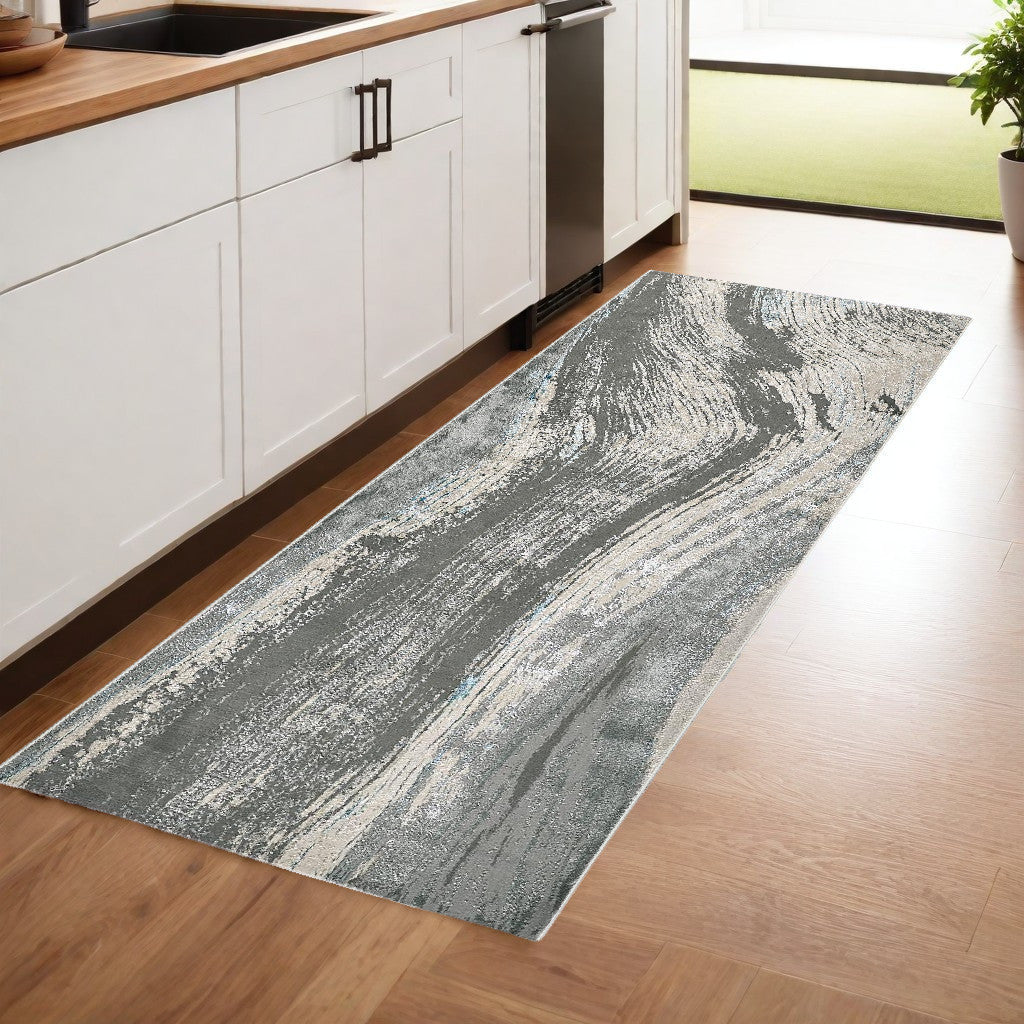 8' Blue and Gray Abstract Power Loom Runner Rug