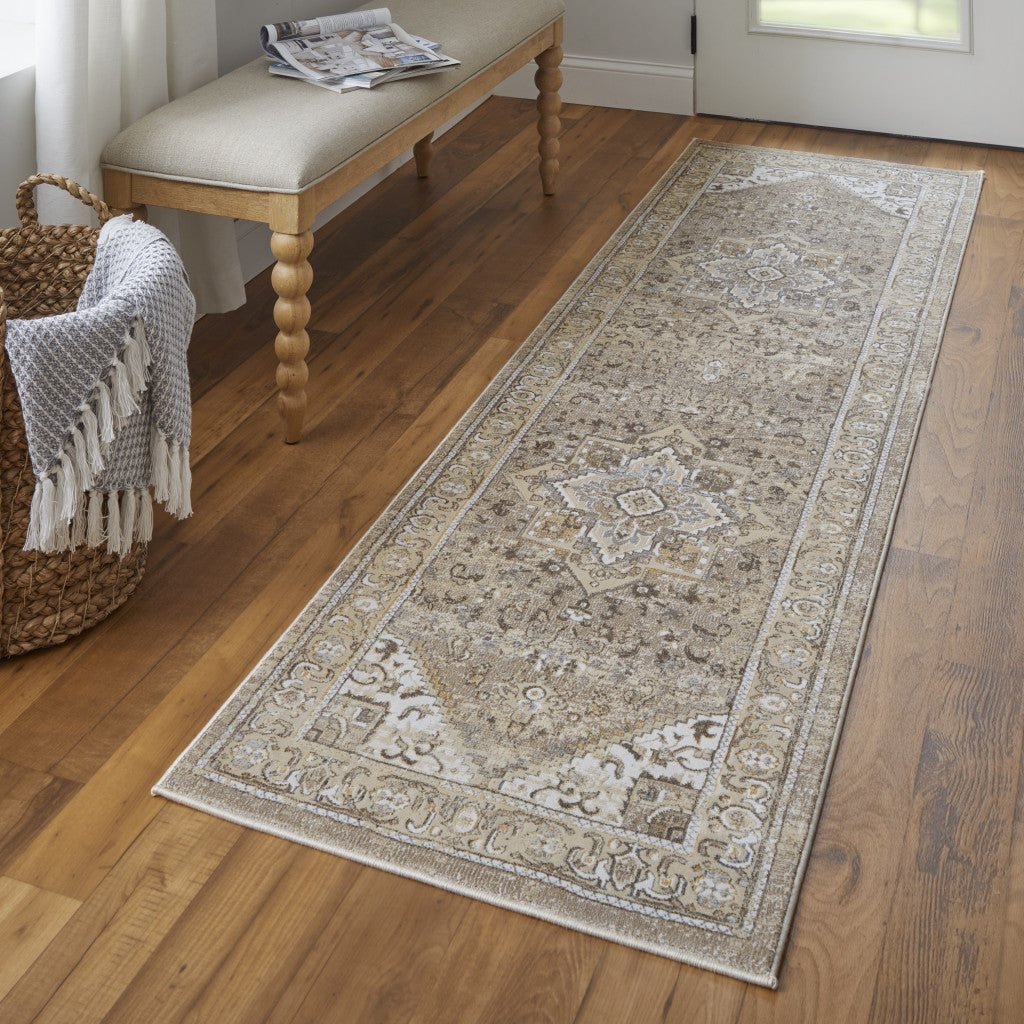 8' Brown and Ivory Medallion Power Loom Distressed Runner Rug