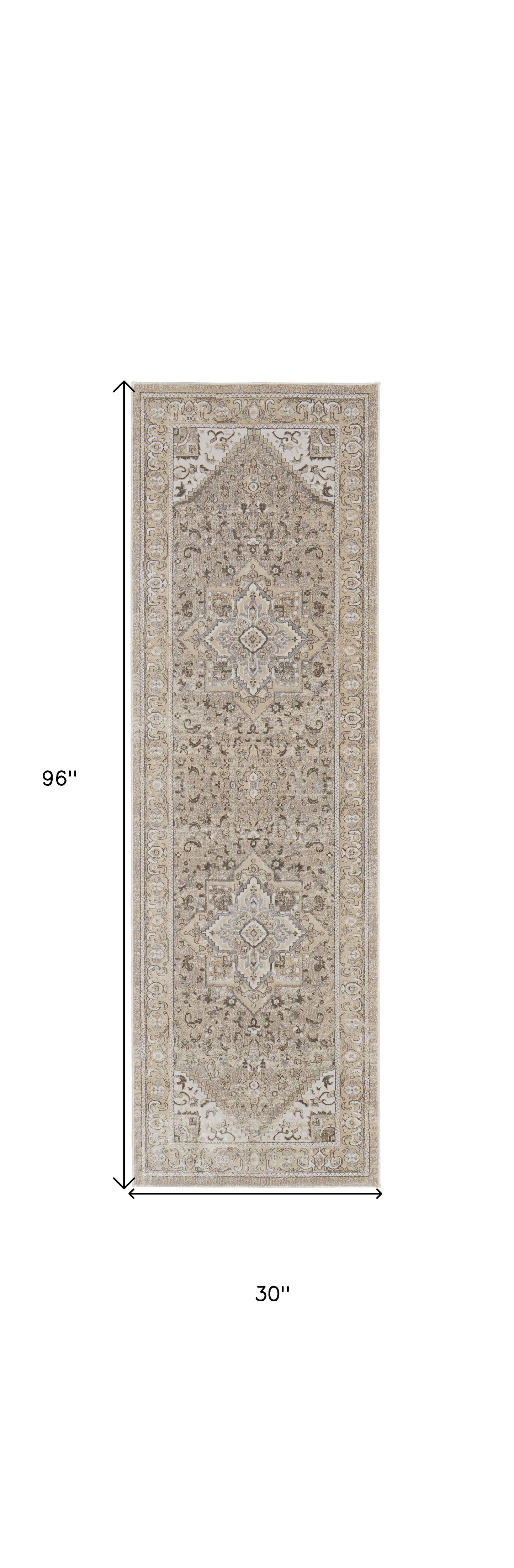 8' Brown and Ivory Medallion Power Loom Distressed Runner Rug