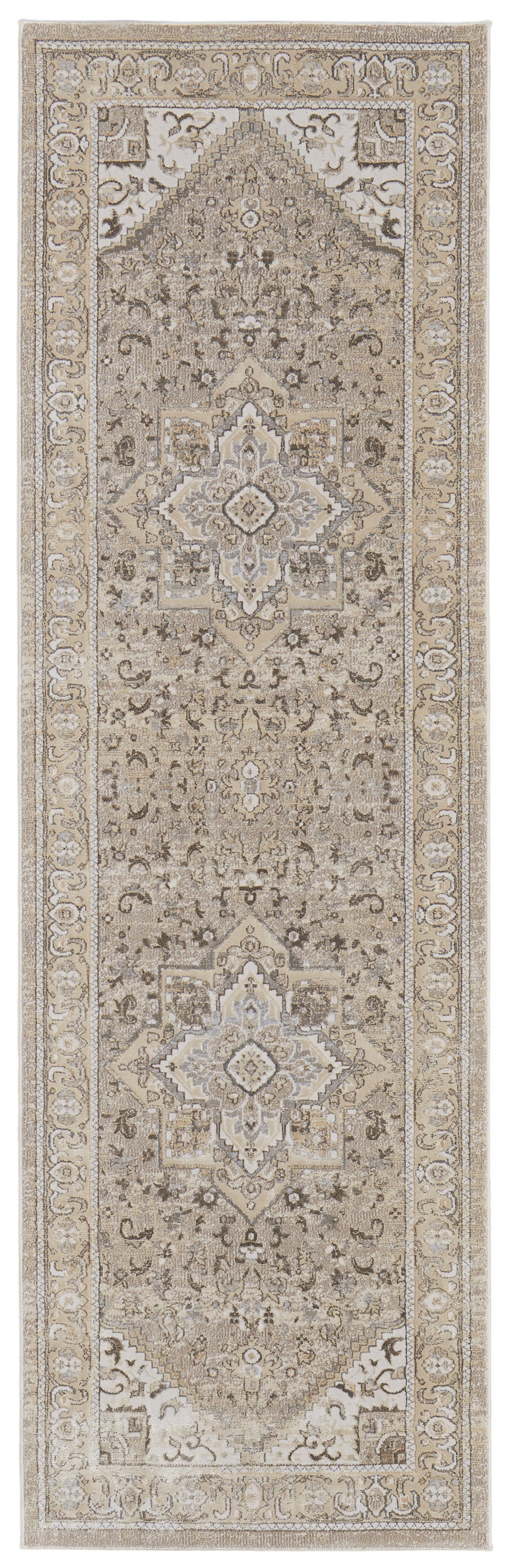 8' Brown and Ivory Medallion Power Loom Distressed Runner Rug