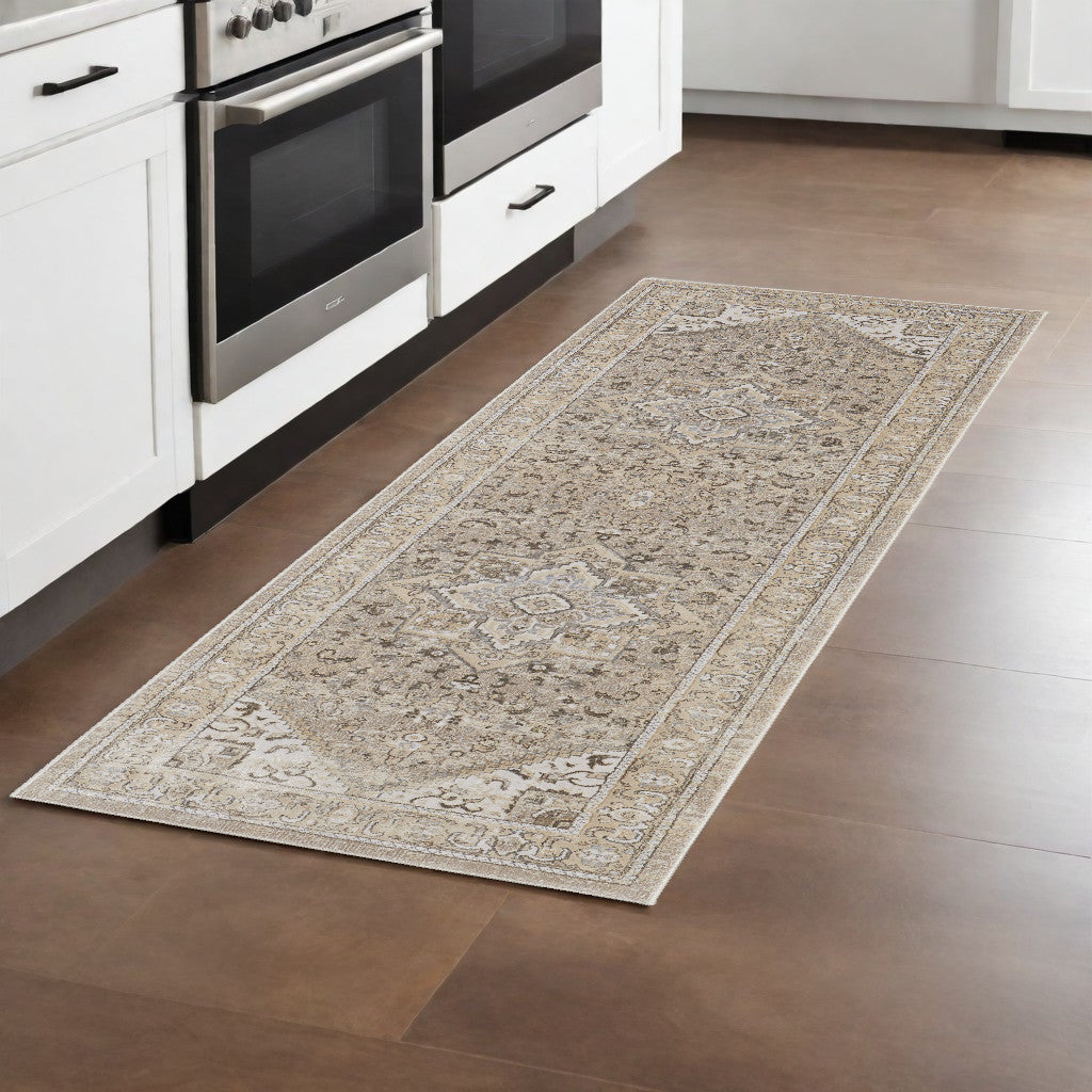 8' Brown and Ivory Medallion Power Loom Distressed Runner Rug