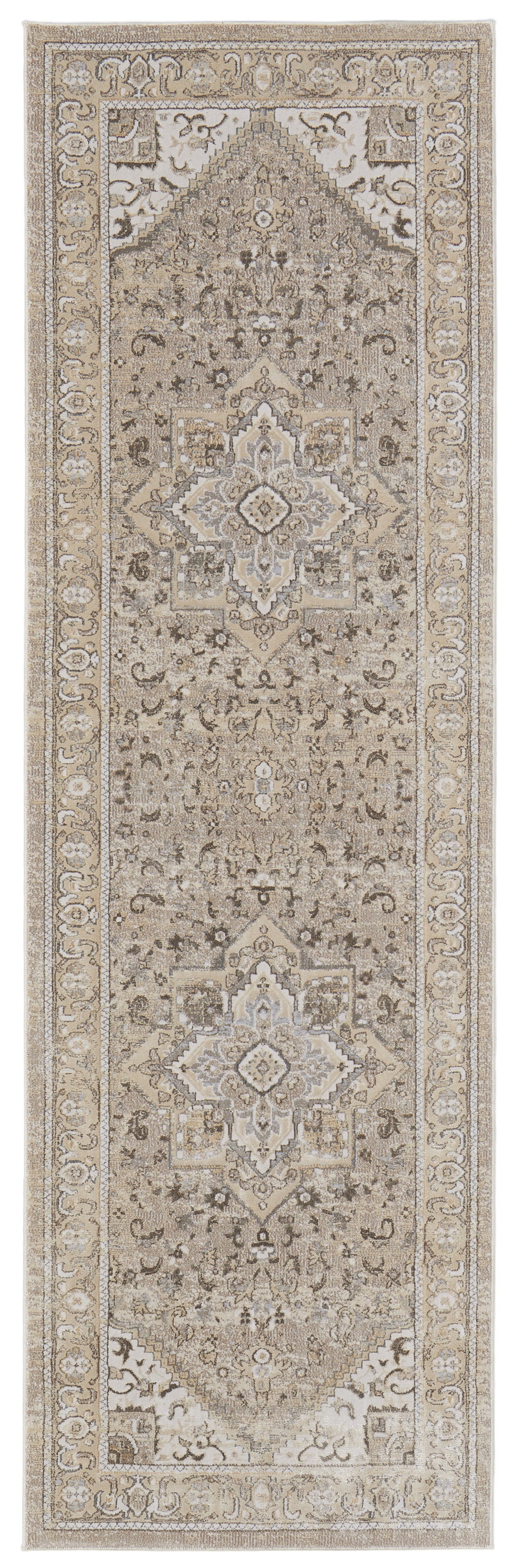 8' Brown and Ivory Medallion Power Loom Distressed Runner Rug