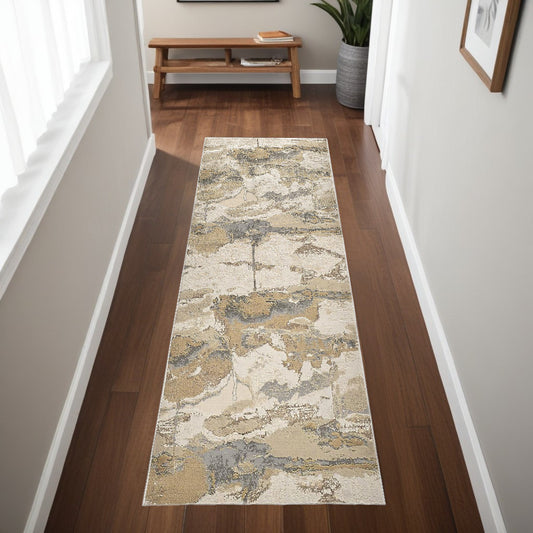 8' Gold and Ivory Abstract Power Loom Runner Rug