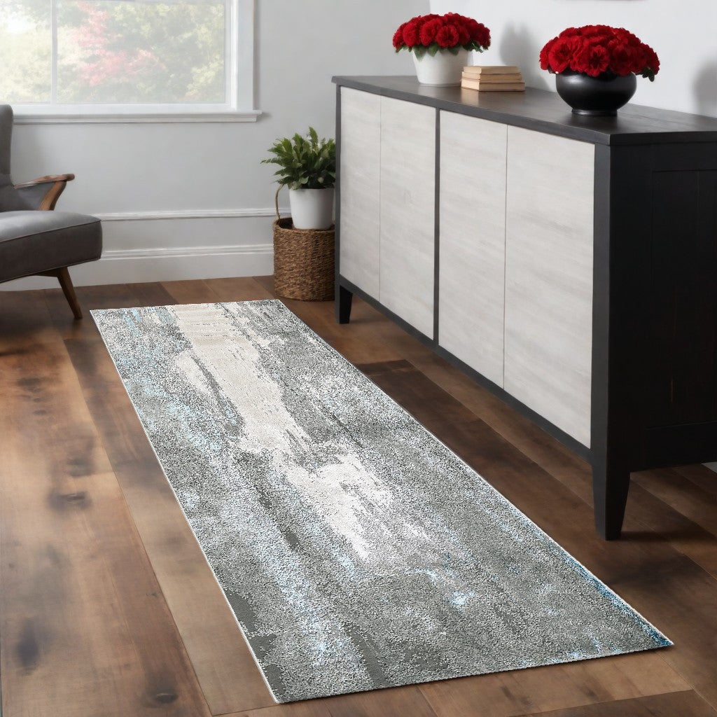 8' Blue and Gray Abstract Power Loom Runner Rug