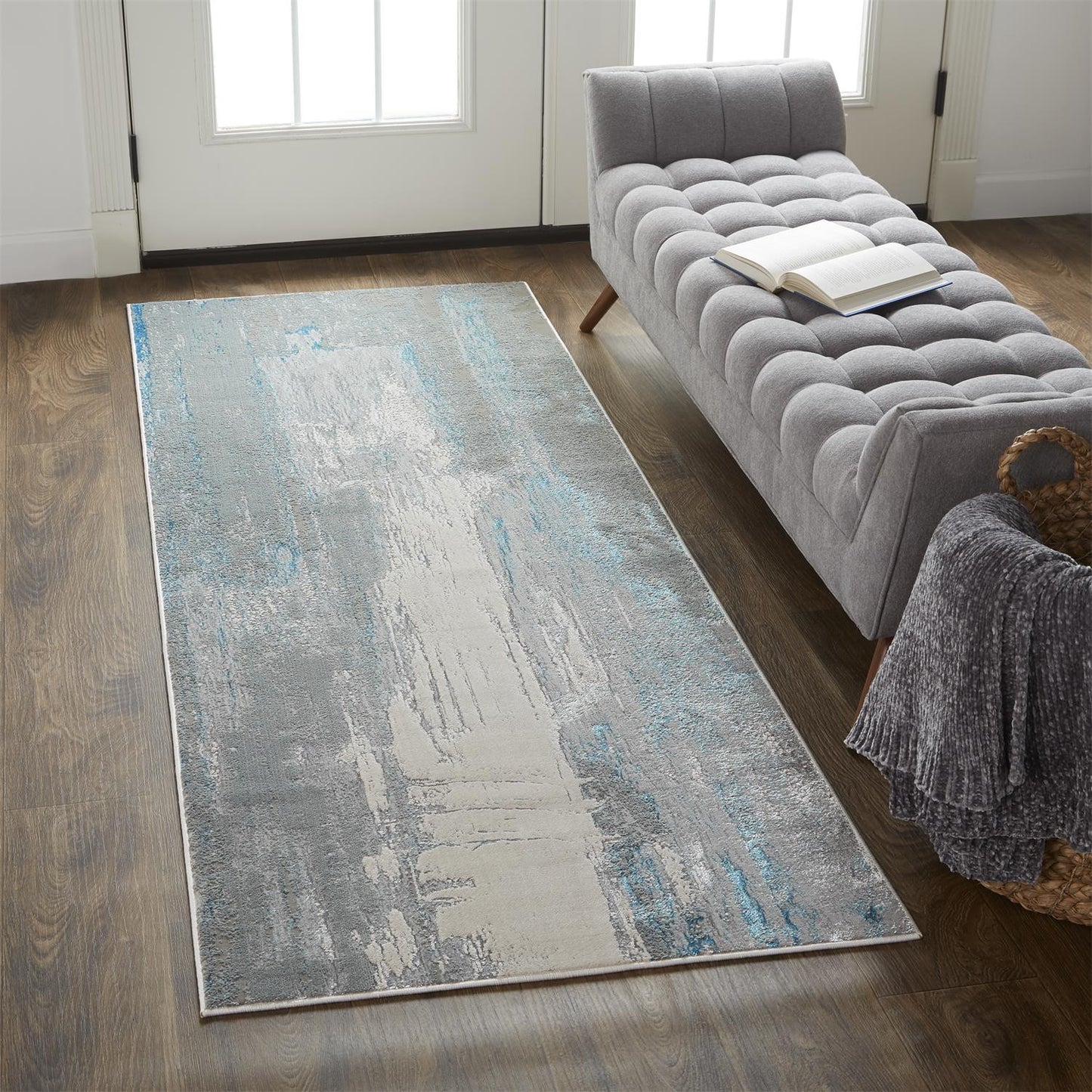 8' Blue and Gray Abstract Power Loom Runner Rug