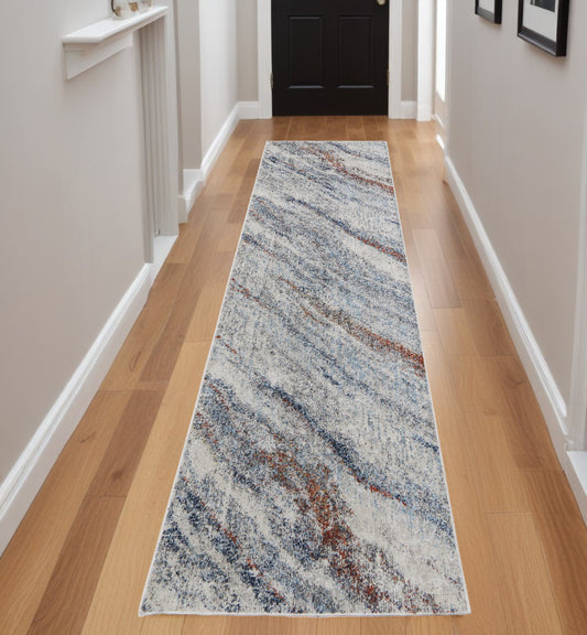 8' Ivory Blue and Orange Abstract Power Loom Runner Rug