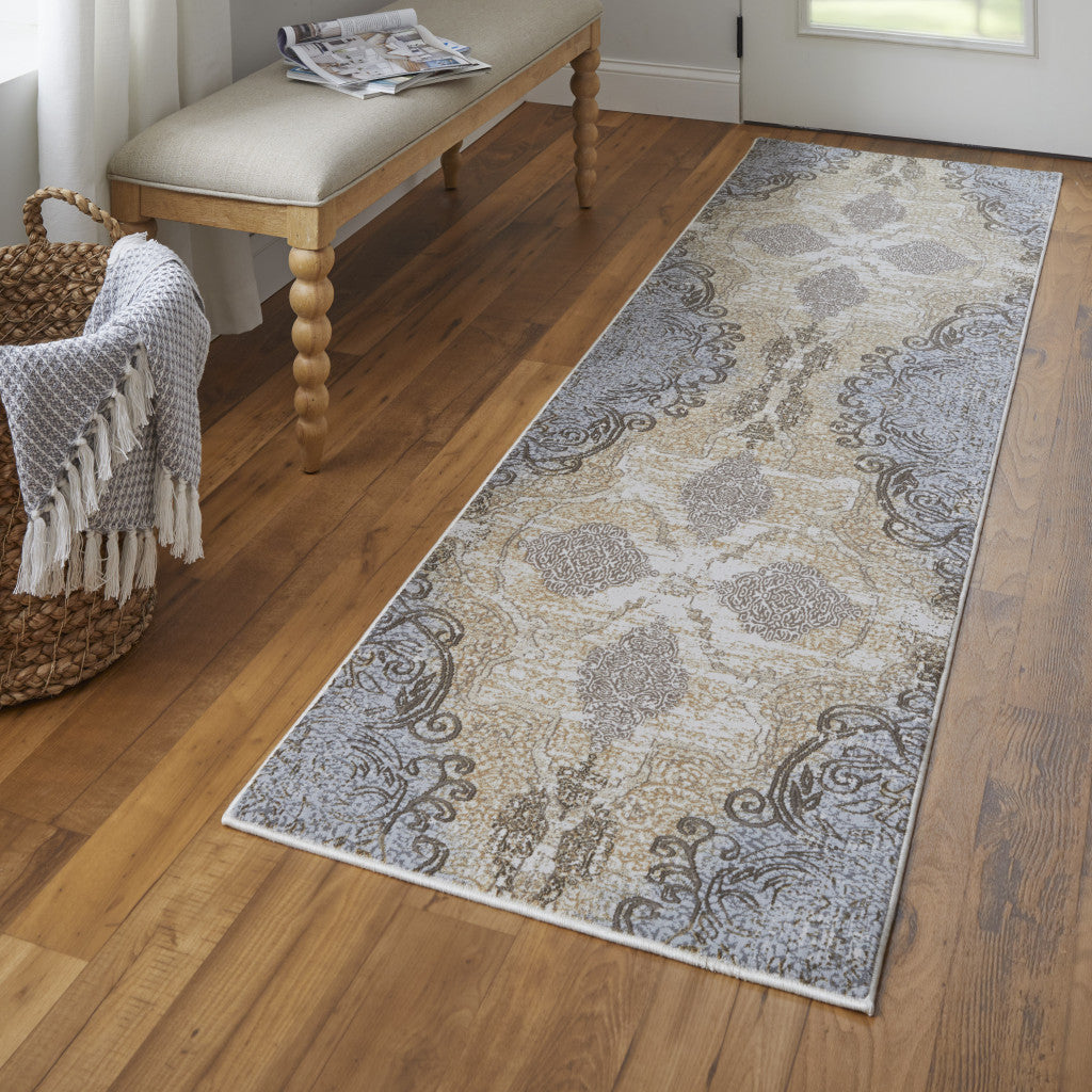 8' Gray and Brown Medallion Power Loom Distressed Runner Rug